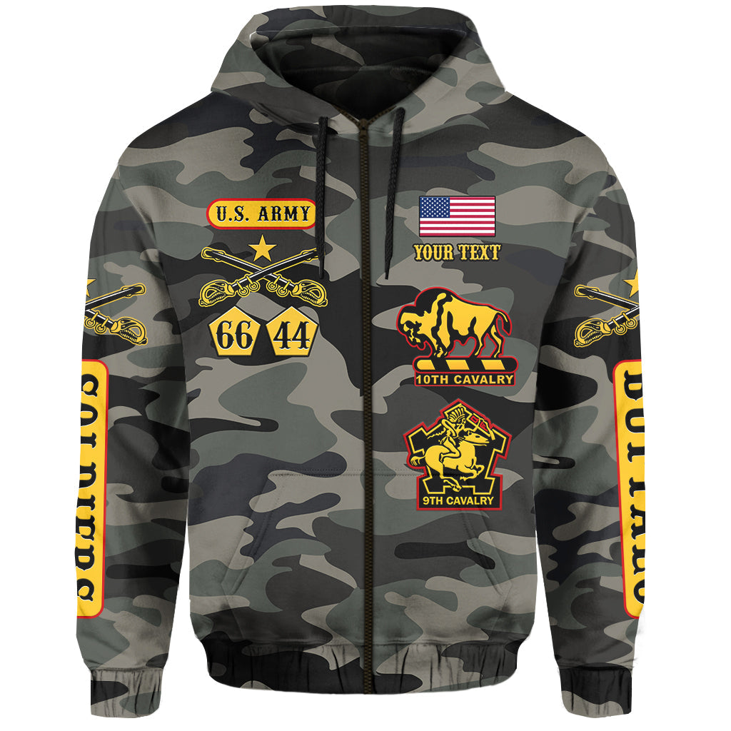 Zip camouflage hoodie with zipper, U.S. Army crest, 'Your Text' and 10th Cavalry