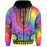 Multicolor dashiki tie-dye zip hoodie with African pattern, black hood and front
