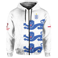 White zip-up hoodie with blue lion crest graphic and drawstring hood.