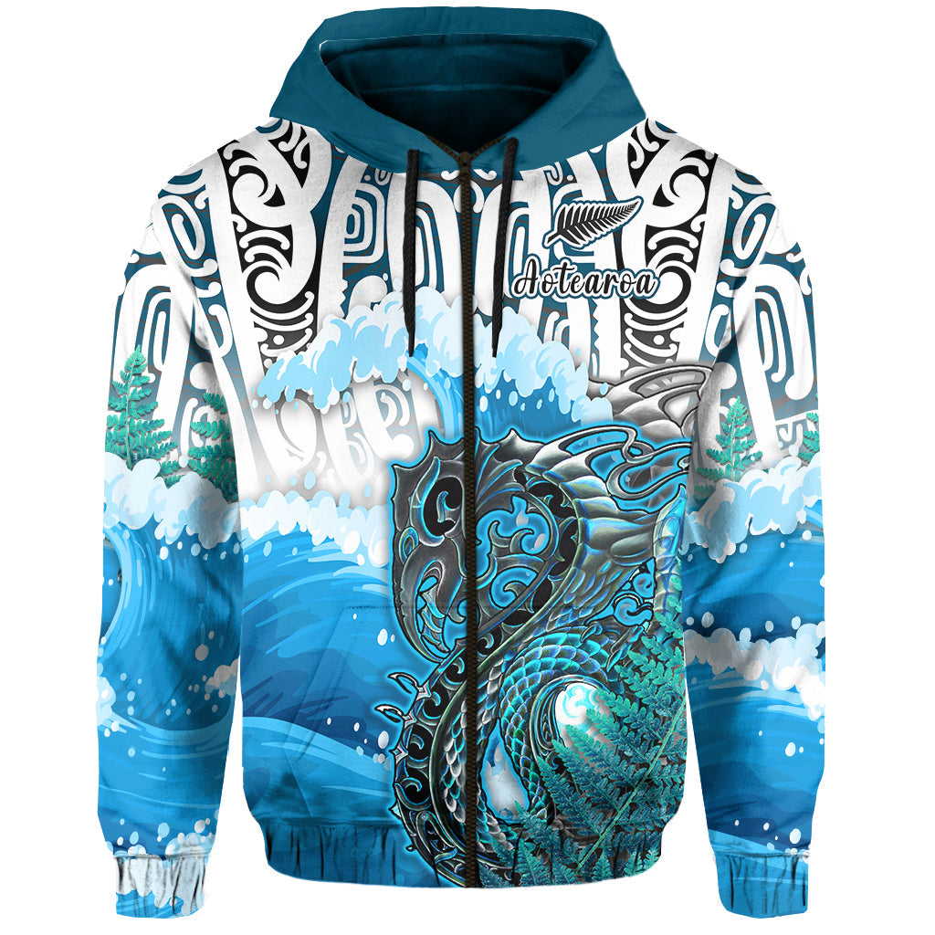 Custom Personalised Manaia Maori Hoodie Fern Aotearoa Blue Waves LT13 - Wonder Print Shop