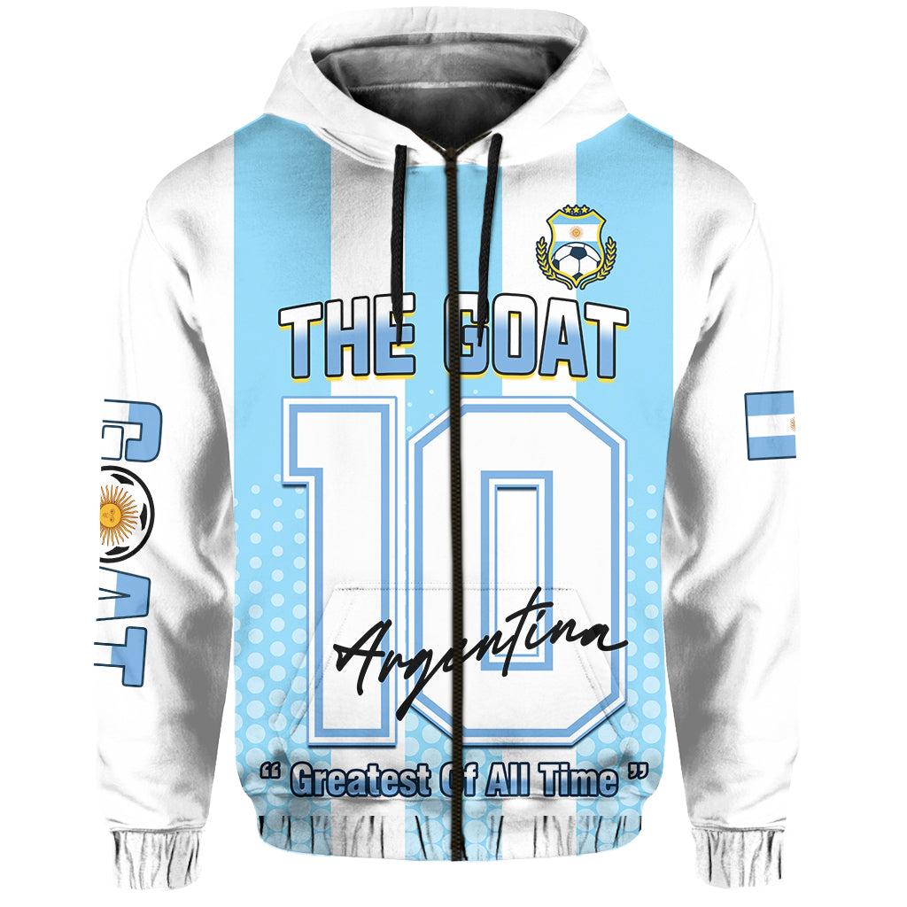 White and light-blue Argentina pullover hoodie with 'Argentine' script and 'Greatest of All Time' text