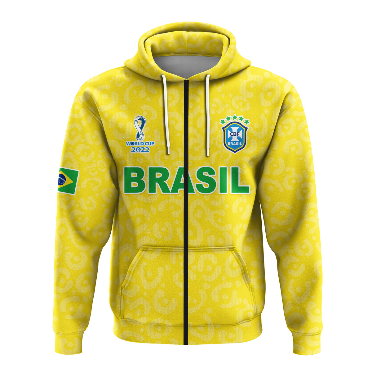 Yellow Brazil football pullover hoodie with drawstring hood, kangaroo pocket, WORLD CUP 2022 badge