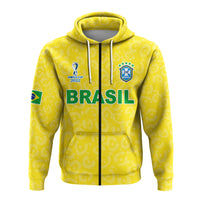 Yellow Brazil football pullover hoodie with drawstring hood, kangaroo pocket, WORLD CUP 2022 badge