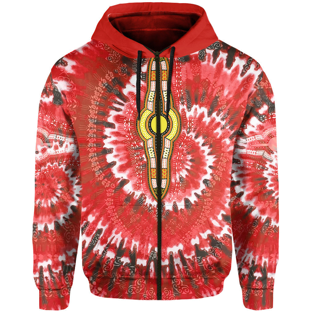 Red Africa tie-dye hoodie front view with hood, drawstrings, and kangaroo pocket