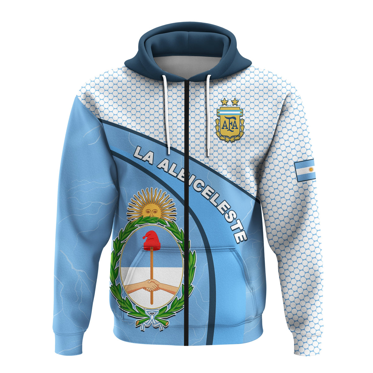 Blue Argentina football hoodie front with LA ALBICELESTE stripe and laurel emblem