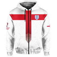 White pullover hoodie with red cross stripes and shield badge, black drawstring and cuffs