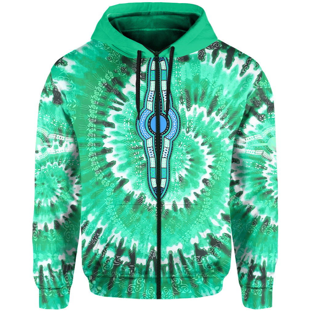 Green tie-dye hoodie front graphic with blue-and-white patterns and kangaroo pocket