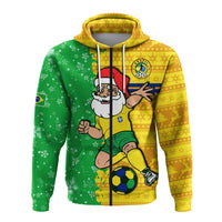 Green and yellow pullover hoodie with Brazil crest, Santa figure, and soccer ball print