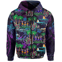 Purple hooded hoodie front detail with skeleton dancers and floral pattern