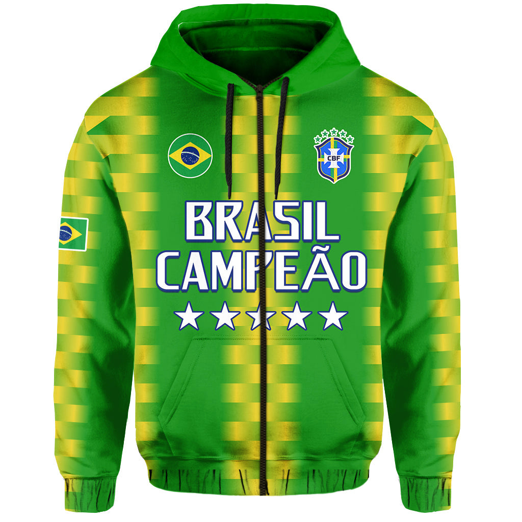Green zip hoodie with Brazil crest, yellow striped front panel, drawstring hood and graphics