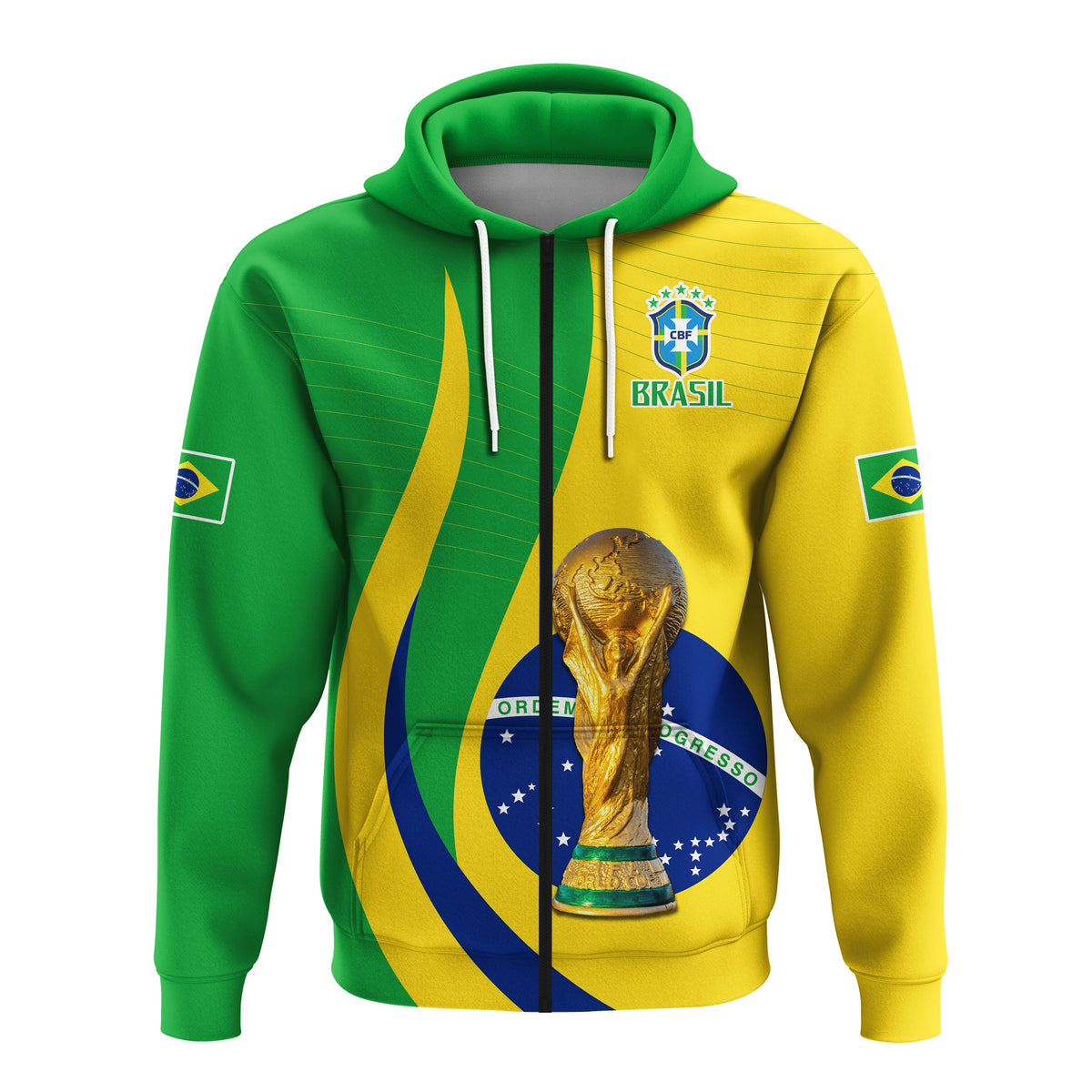 Green pullover hoodie with Brazil flag split, CBF crest and trophy graphic