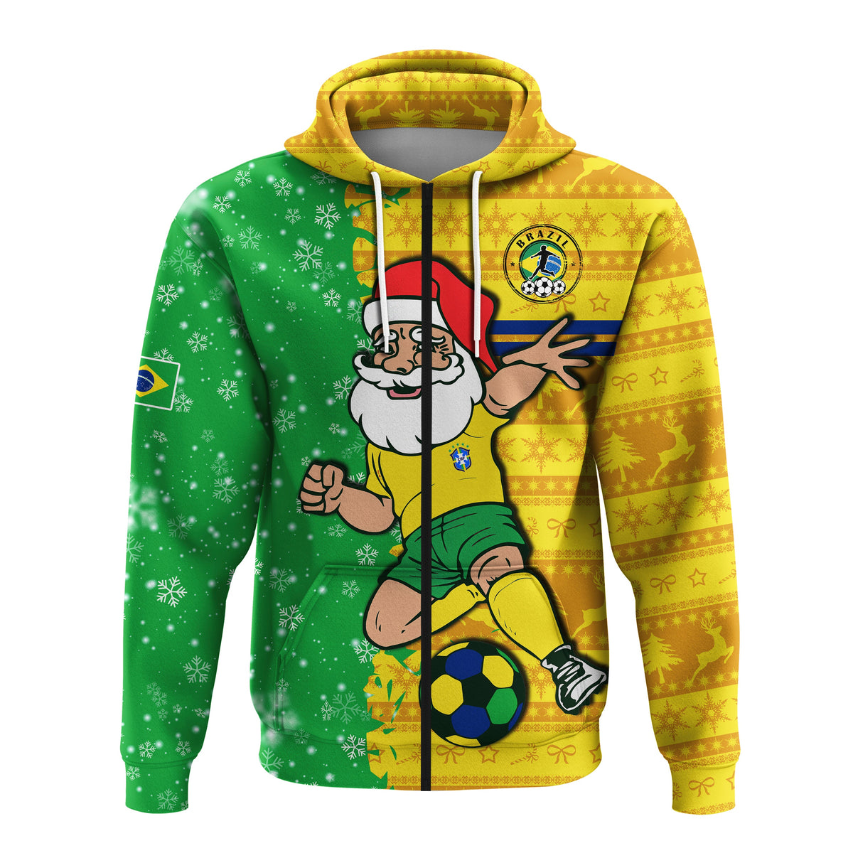 Green and yellow Christmas football hoodie with Santa soccer graphic, front hood and drawstrings