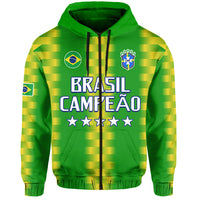 Green zip hoodie with Brasil Campeao print, Brazil crest badge, and center zipper.