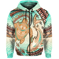 Hawaii Hoodie Polynesian Shark And Sea Turtle Dreamy Turquoise Artsy - Wonder Print Shop