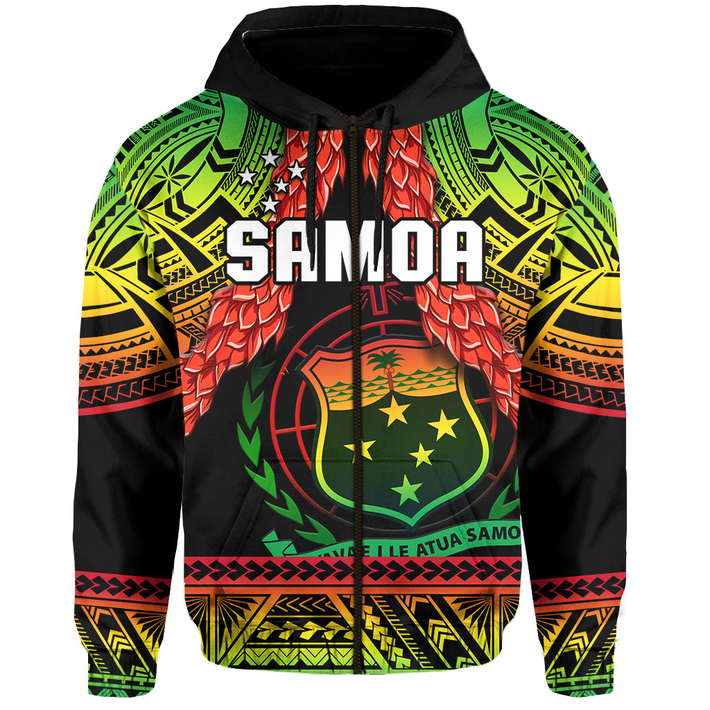 Rugby pullover hoodie in black with green tribal bands, red floral details, front graphic