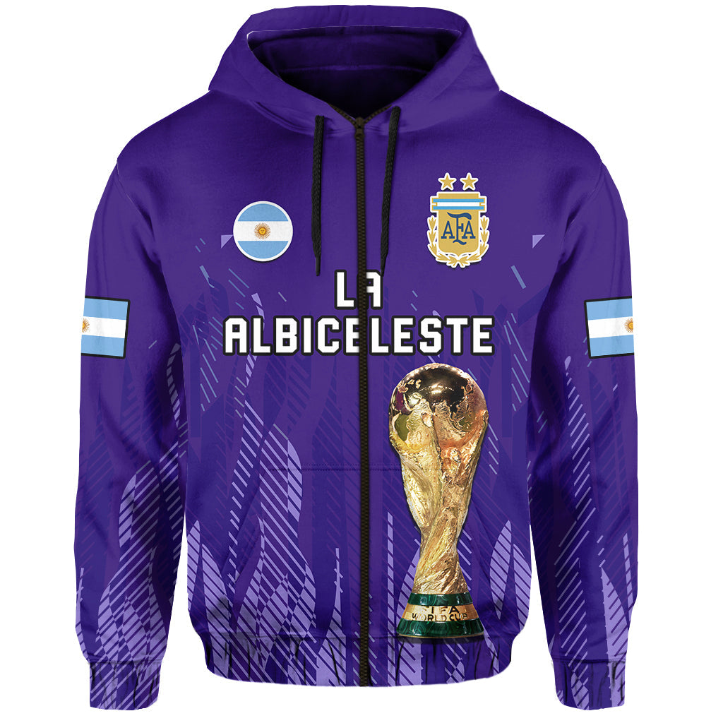 Purple pullover hoodie with hood and drawstrings, LA Albiceleste text and trophy on front
