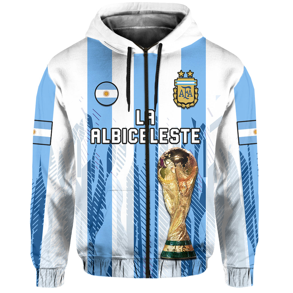 Argentina football hoodie: white with blue stripes, La Albiceleste text, AFA crest and trophy