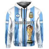 Argentina football hoodie: white with blue stripes, La Albiceleste text, AFA crest and trophy