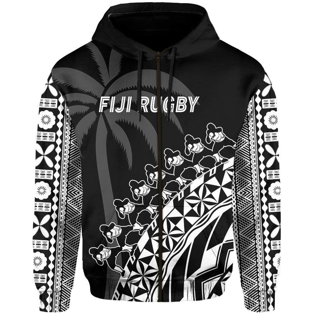 Custom Text And Number Fiji Rugby Hoodie Fijian Cibi Dance Tapa Pattern Black - Wonder Print Shop