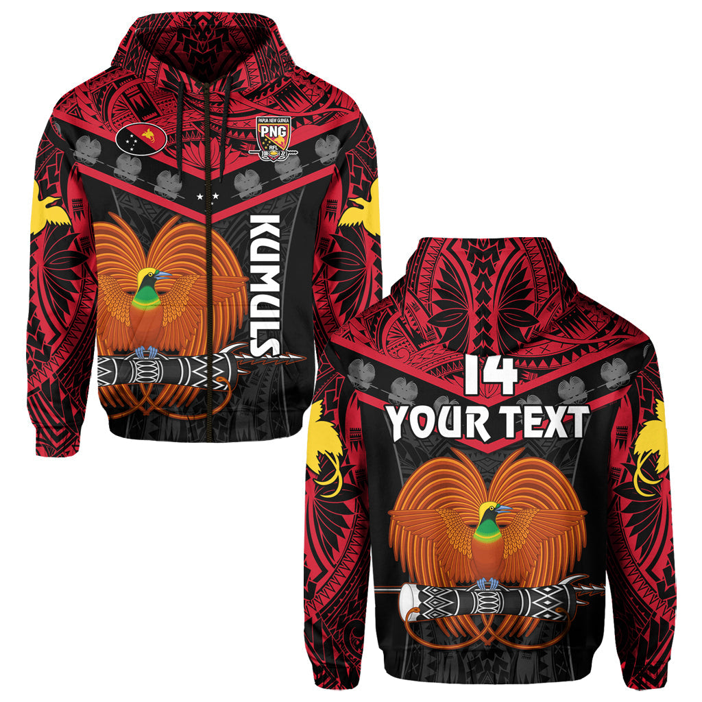 Black pullover hoodie with red tribal print, bird graphic, KUMUL, 14, YOUR TEXT