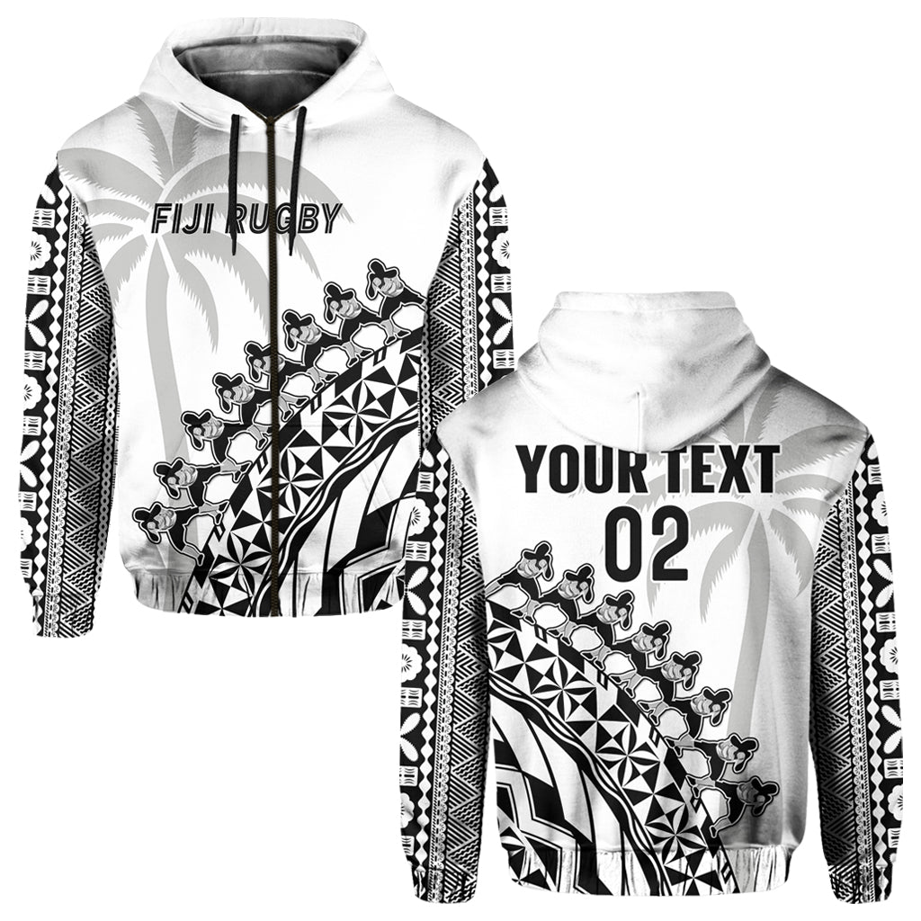 Custom Text And Number Fiji Rugby Hoodie Fijian Cibi Dance Tapa Pattern White - Wonder Print Shop
