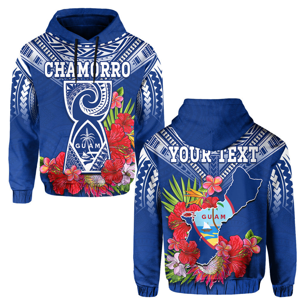 Custom Personalised Guam Chamorro Hoodie Guaman Latte Stone Tropical Flowers Blue Version - Wonder Print Shop