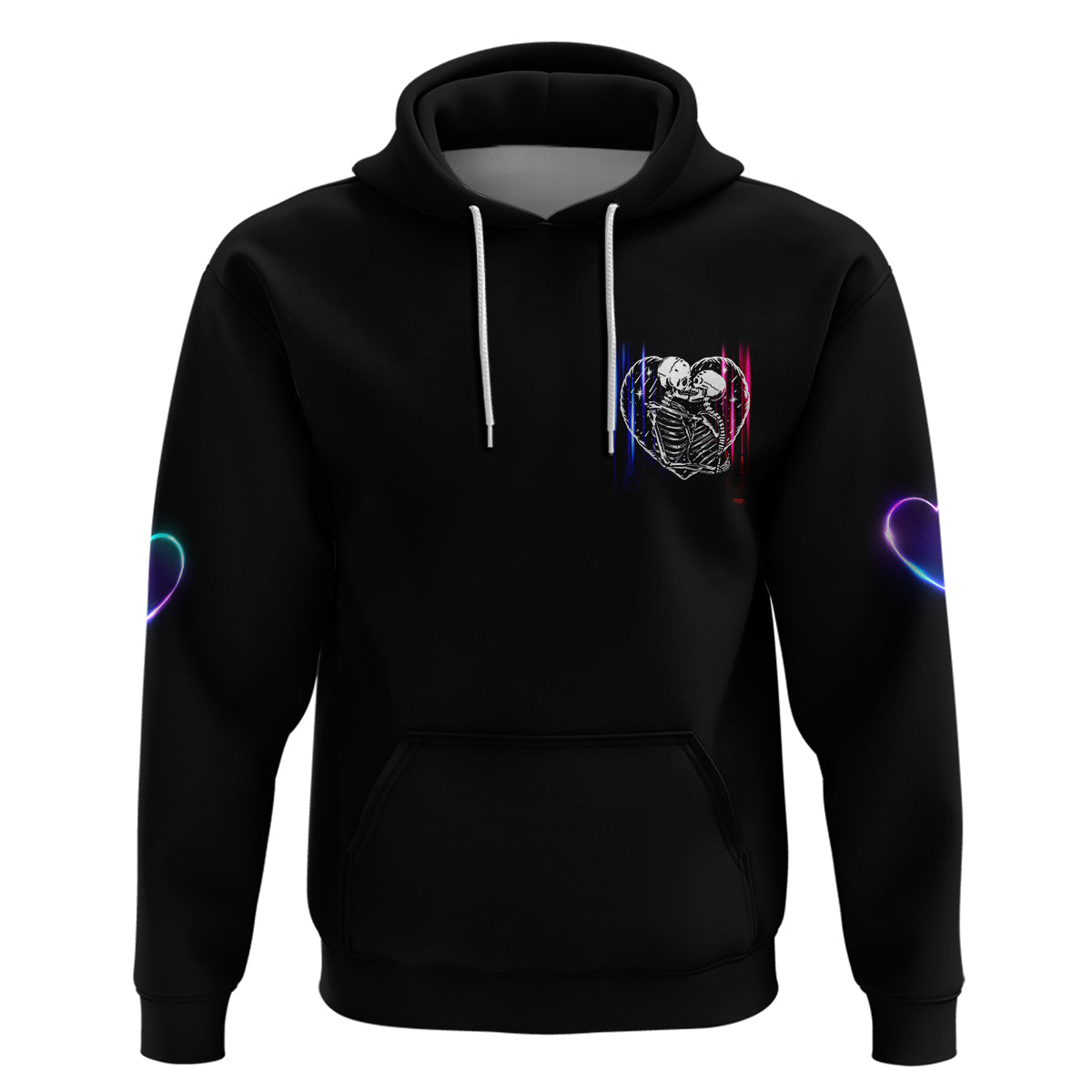 Black pullover hoodie with neon skull-and-heart chest print, drawstring hood and pouch pocket