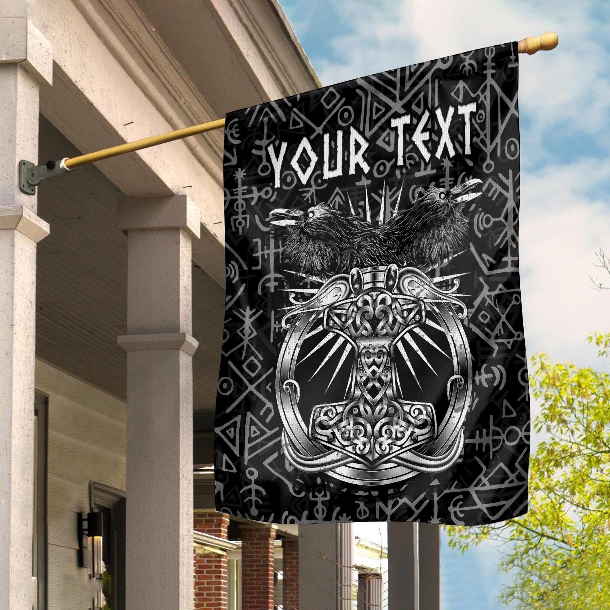 (Custom Personalised) Viking Flag Style Runes and Mjolnir LT13 - Wonder Print Shop