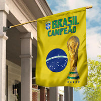 Yellow Brazil football flag with BRASIL CAMPEAO text, crest, trophy and Brazil map
