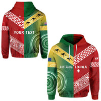 Zip hoodie in red with green panels, kangaroo graphic and custom text