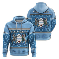 Blauer Hoodie mit mehrfarbigem Botswana-Wappen, Tiermotiven und PULA-Schriftzug (Rückansicht)