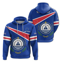 Hoodie mit Cape Verde Flagge, blau, großes Wappen vorne, Flaggenstreifen auf den Ärmeln