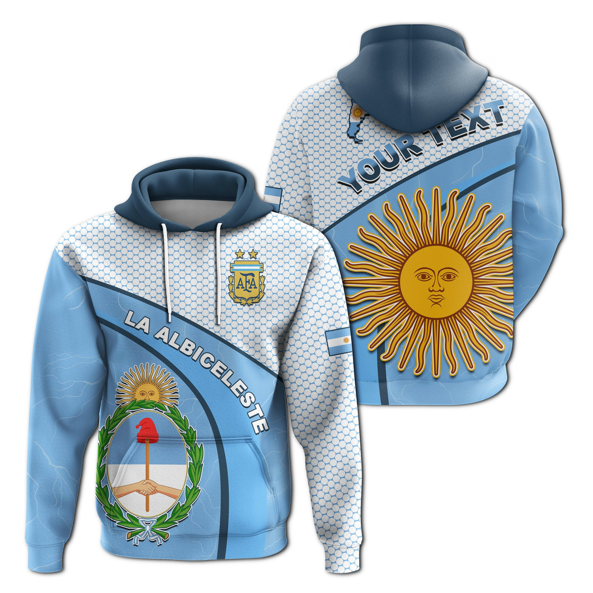 Custom Argentina Football 2022 Hoodie Champions Blue Sky May Sun LT13 - Wonder Print Shop