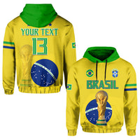 Yellow Brazil football hoodie with green hood, Your Text, 13, and crest trophy graphic.