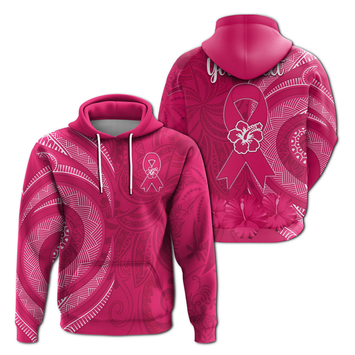 Custom Personalised Breast Cancer Awareness Hoodie Hibiscus Polynesian No One Fights Alone LT13 - Wonder Print Shop