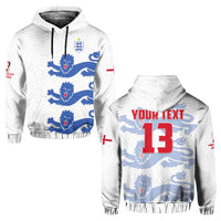White pullover hoodie with blue lion crest wave graphic, black drawstrings