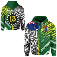 Green pullover hoodie with Polynesia pattern, custom text and large '13' front graphic
