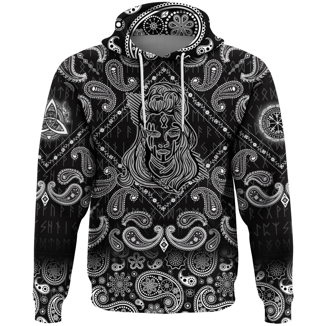 Viking Hoodie Hand drawn Abstract Image Of Female Viking with Bandana Paisley Style RLT12 - Wonder Print Shop
