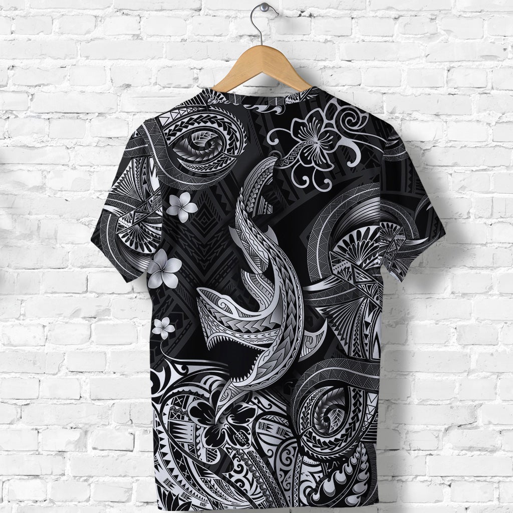 Black crewneck T-shirt, side view with large white shark print and Polynesian motifs