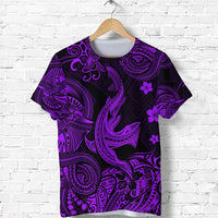 Purple Polynesian T-shirt with stylized angry shark and floral tribal pattern, crew neck