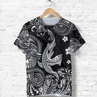 Black Polynesian-style T-shirt with angry shark graphic, white tribal patterns and flowers