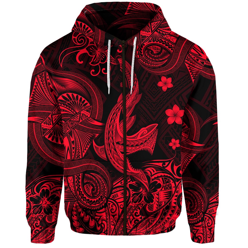 Custom Hawaii Shark Angry Polynesian Zip Hoodie Unique Style Red LT8 - Wonder Print Shop