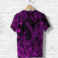 Dark Polynesian graphic T-shirt with large fish-hook motif and pink flower accents