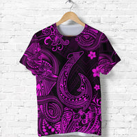 Dark Hawaiian fish hook T-shirt with neon purple and pink Polynesian floral print