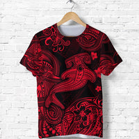 Red and black Polynesian-style graphic T-shirt, short sleeves, crew neck
