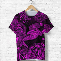 Pink-and-purple Polynesian shark T-shirt with bold tribal pattern, crew neck