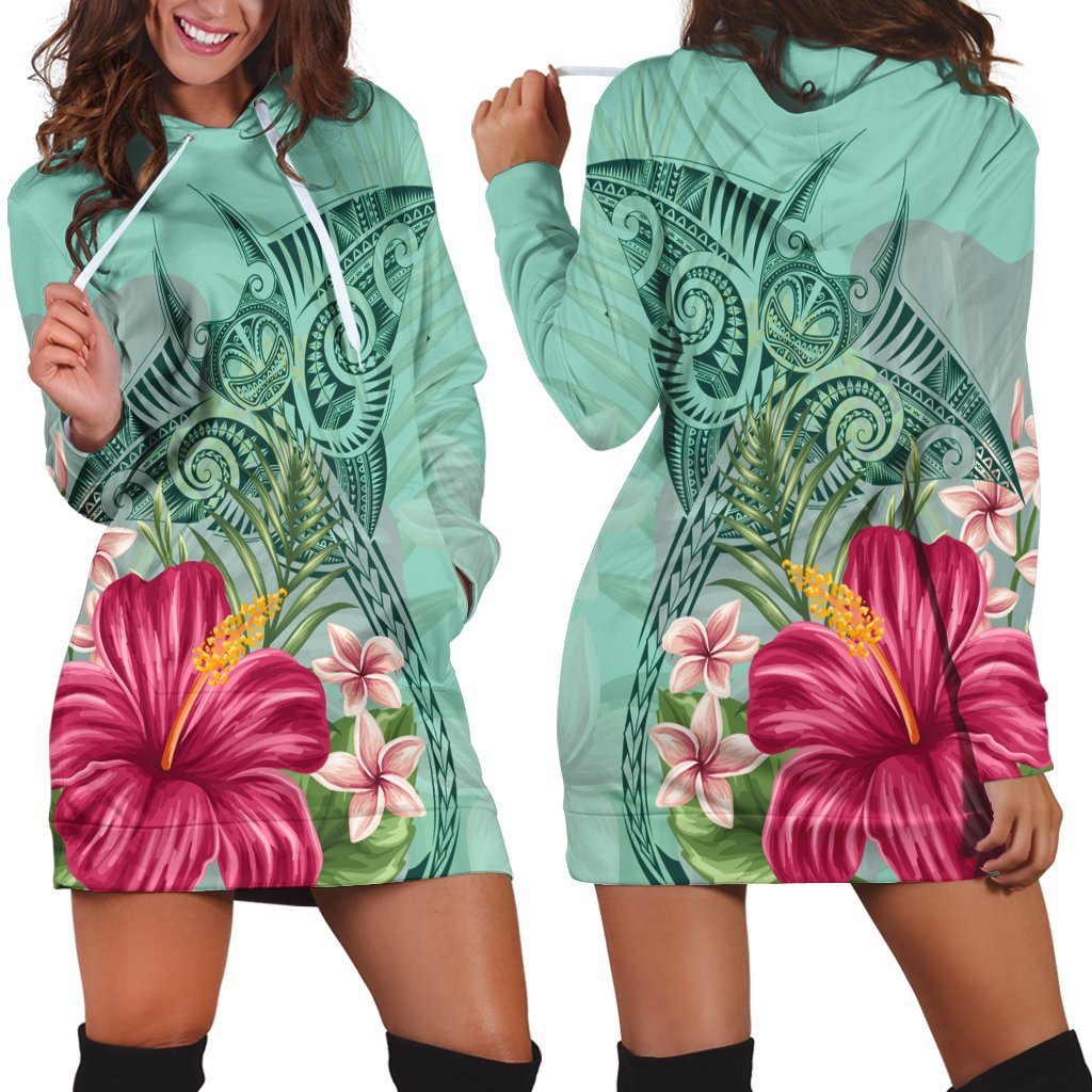 Hawaii Manta Ray Tropical Hibiscus Plumeria Hoodie Dress - AH - Wonder Print Shop