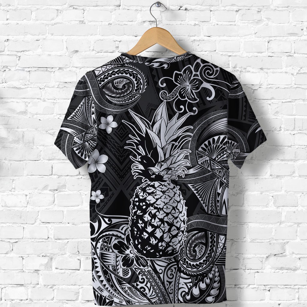 Black Polynesian pineapple T-shirt with white flower accents and tribal pattern design