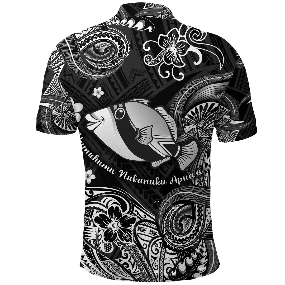 Black button-front polo with large humuhumu fish graphic and swirling Polynesian motifs