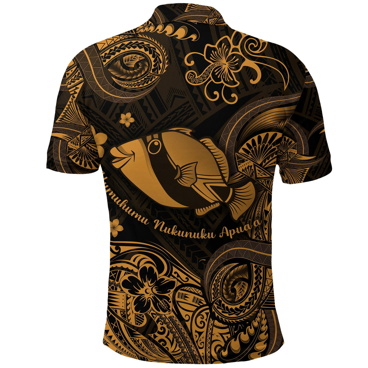 Back view of gold and black Polynesian polo shirt with large fish, spirals and flowers